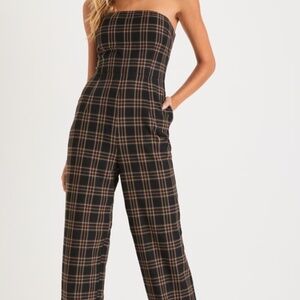 Lulus Sophisticated Mood Black Plaid Strapless Straight Leg Jumpsuit - Size XS